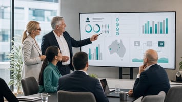 Professional leadership team reviewing workforce, payroll, compliance and AI information in a modern office, representing strategic business planning and digital readiness.