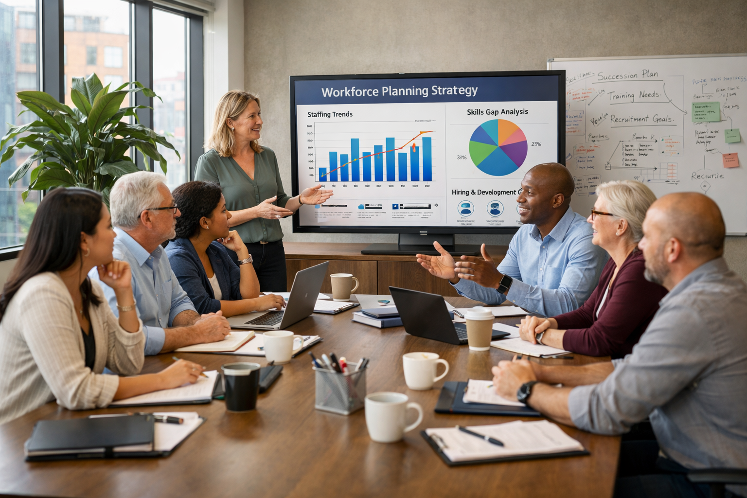 Professional team collaborating in a modern office meeting focused on workforce planning and business strategy.