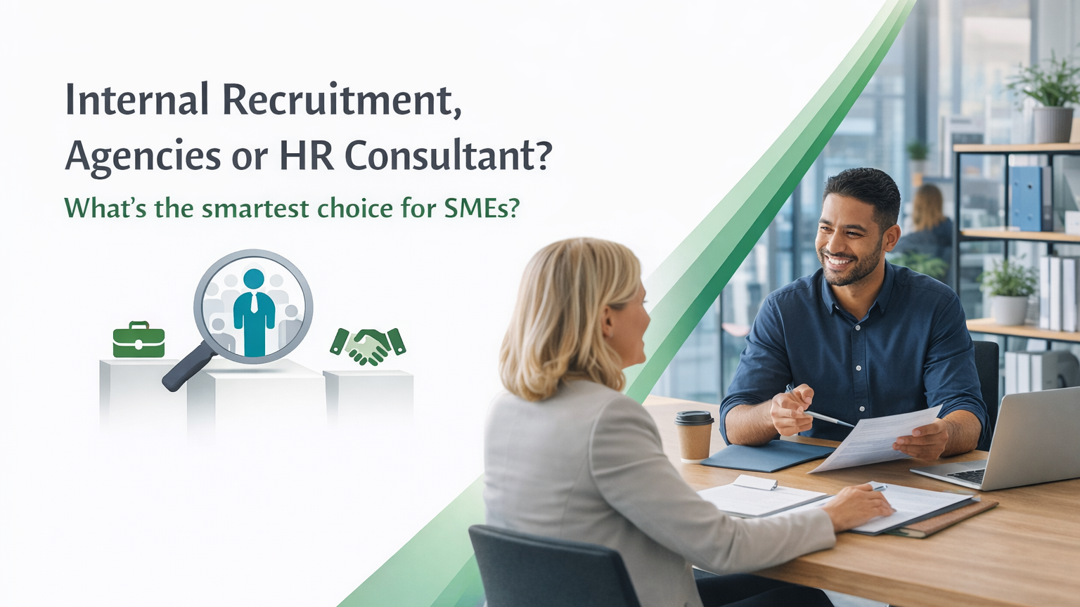 Business meeting image highlighting recruitment options for SMEs: internal hiring, agencies, or HR consultant.