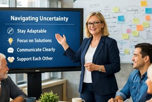 Business leader presenting strategies for navigating uncertainty to a team, highlighting adaptability, communication and team support.